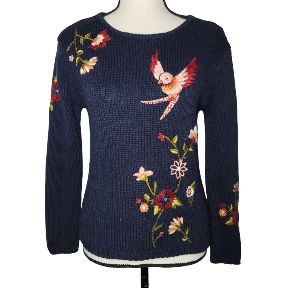 ZARA GIRL'S Winter Collection blue bird embroidered floral knit sweater